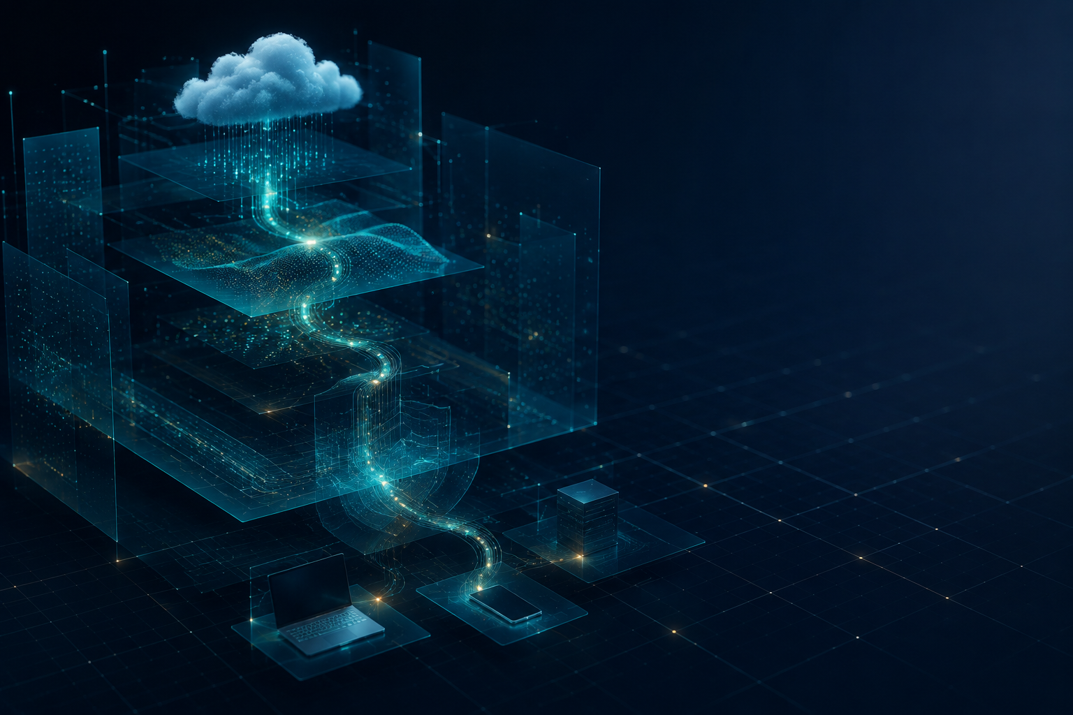 Abstract illustration of connected cloud, data and endpoint security architecture.